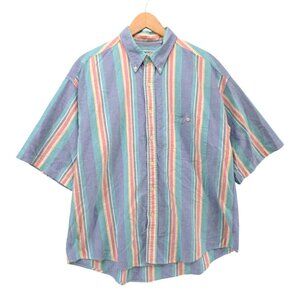 Vtg Tidewater Traders Stripe Shirt Mens Blue Green Pink Short Sleeve Pocket Sz L
